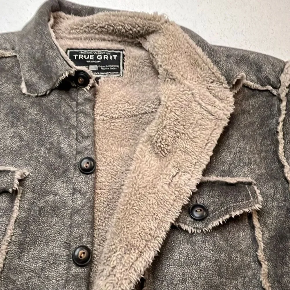 True Grit Mens Medium Sherpa Lined Shirt Jacket Gray Faux Leather Button Front S